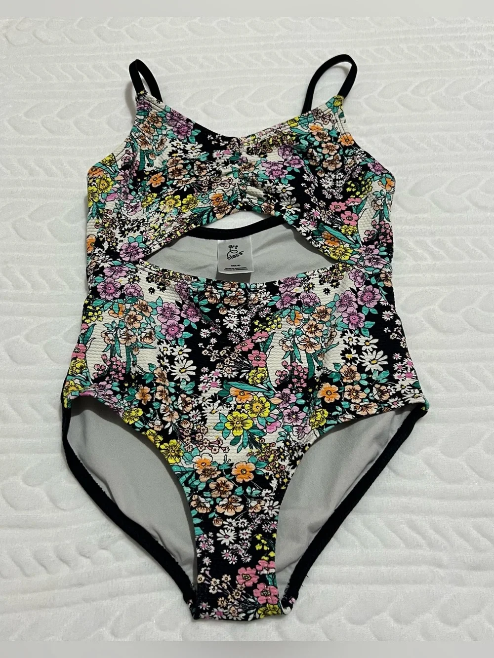 💗 Art Class - Girls Black Floral Cutout Swimsuit with Pink, Yellow, Teal Flowers